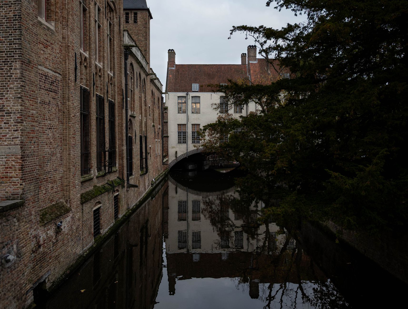 Belgische historische stad met gracht in de avond